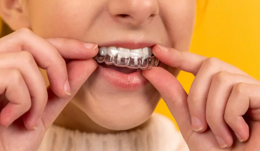 Paciente sonriente mostrando sus brackets o alineadores Invisalign en Nossa Dentista.